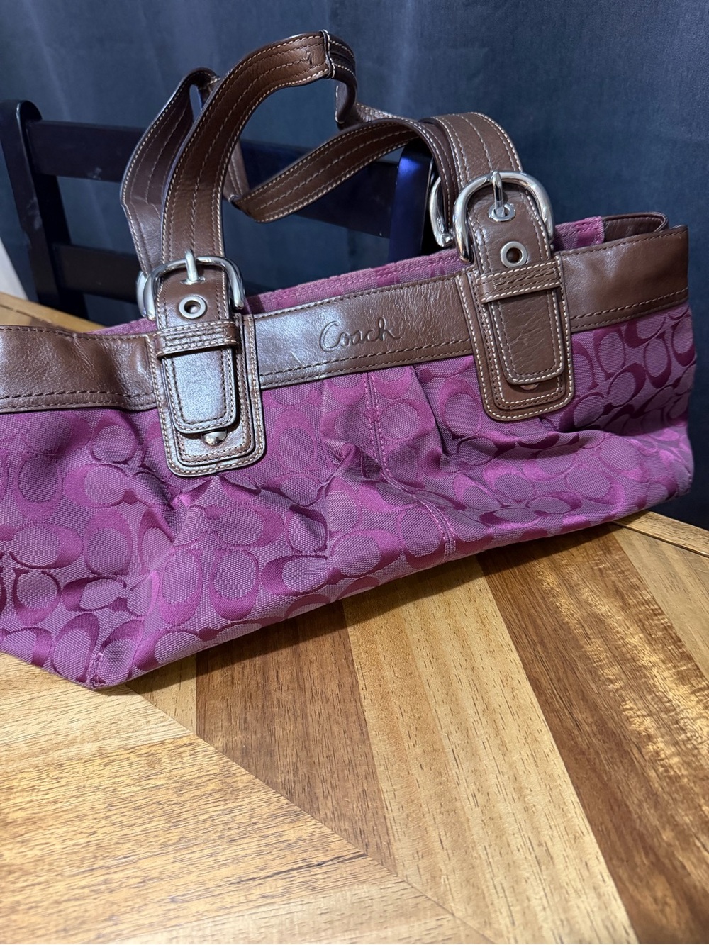 Coach Pink Signature Shoulder Bag with Brown Leather Trim